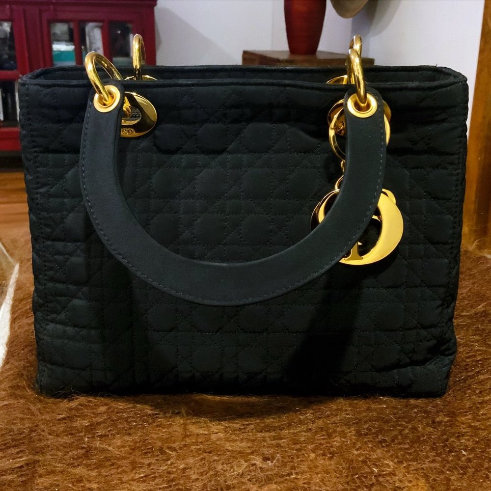 Vintage Black Nylon Cannage Quilted Lady Dior in Medium with Gold Hardware